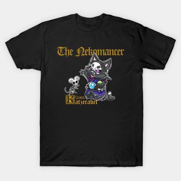 Fantasy Kittens Serie: the Nekomancer - necromancer cat and skeleton mice - Variant Golden Texts T-Shirt by DeMonica